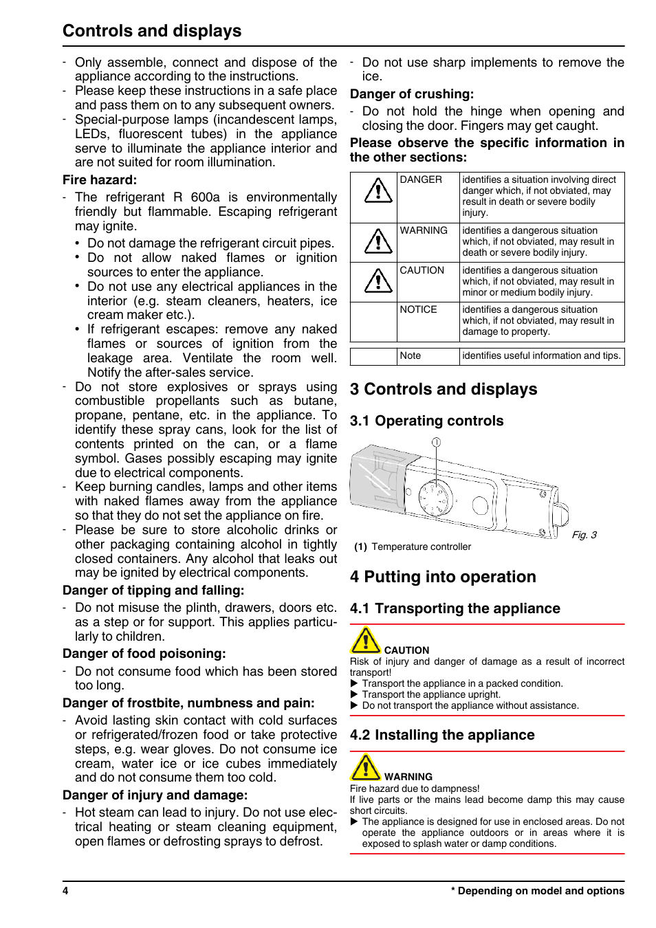 3controls and displays, 1operating controls, 4putting into operation | 1transporting the appliance, 2installing the appliance, 3 controls and displays, 4 putting into operation, Controls and displays | Liebherr CTPsl 2521 Comfort User Manual | Page 4 / 12