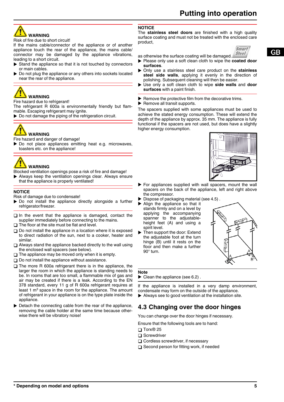 3changing over the door hinges, Putting into operation, 3 changing over the door hinges | Liebherr CTPsl 2521 Comfort User Manual | Page 5 / 12