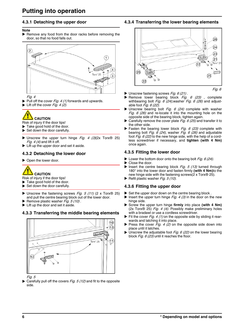 1detaching the upper door, 2detaching the lower door, 3transferring the middle bearing elements | 4transferring the lower bearing elements, 5fitting the lower door, 6fitting the upper door, Putting into operation | Liebherr CTPsl 2521 Comfort User Manual | Page 6 / 12