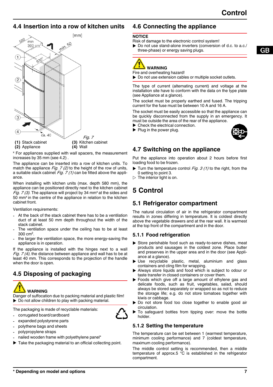 4insertion into a row of kitchen units, 5disposing of packaging, 6connecting the appliance | 7switching on the appliance, 5control, 1refrigerator compartment, 1food refrigeration, 2setting the temperature, 5 control, Control | Liebherr CTPsl 2521 Comfort User Manual | Page 7 / 12