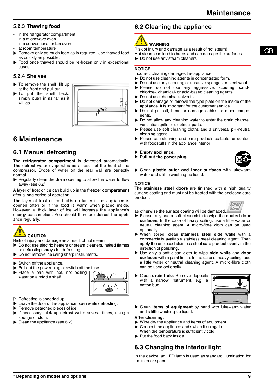 3thawing food, 4shelves, 6maintenance | 1manual defrosting, 2cleaning the appliance, 3changing the interior light, 6 maintenance, Maintenance, 1 manual defrosting, 2 cleaning the appliance | Liebherr CTPsl 2521 Comfort User Manual | Page 9 / 12