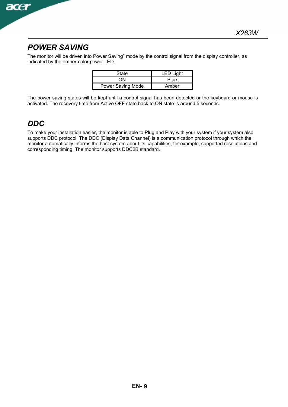 Power saving, X263w | Acer X263W User Manual | Page 10 / 24