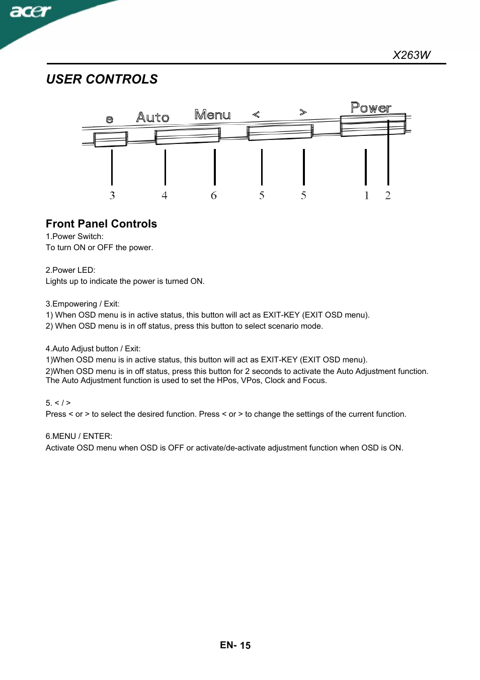 User controls | Acer X263W User Manual | Page 16 / 24