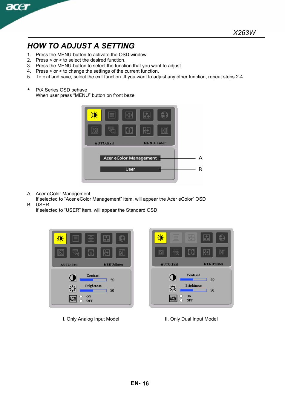 How to adjust a setting, X263w | Acer X263W User Manual | Page 17 / 24