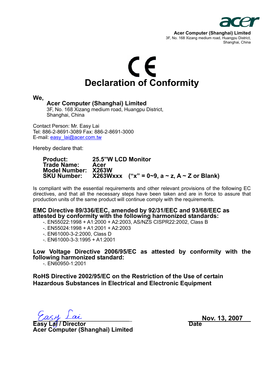 Declaration of conformity | Acer X263W User Manual | Page 23 / 24