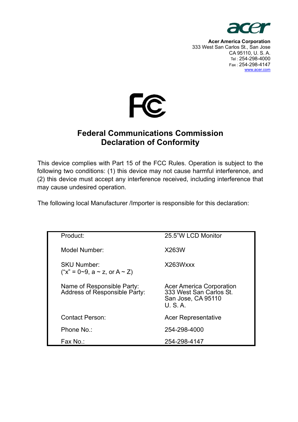 Acer X263W User Manual | Page 24 / 24