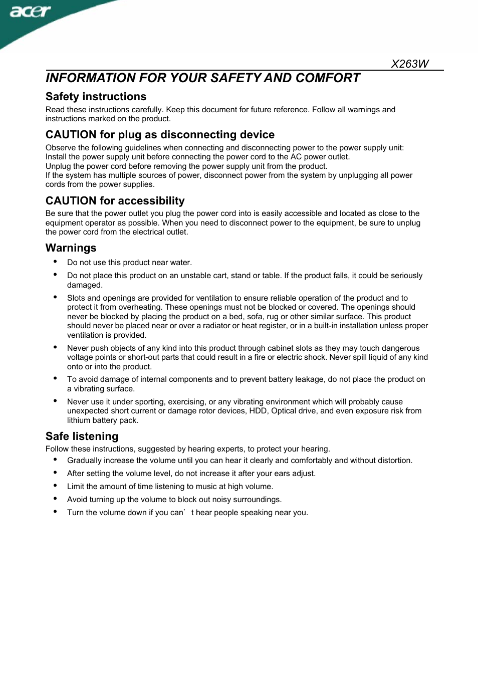 Information for your safety and comfort | Acer X263W User Manual | Page 3 / 24