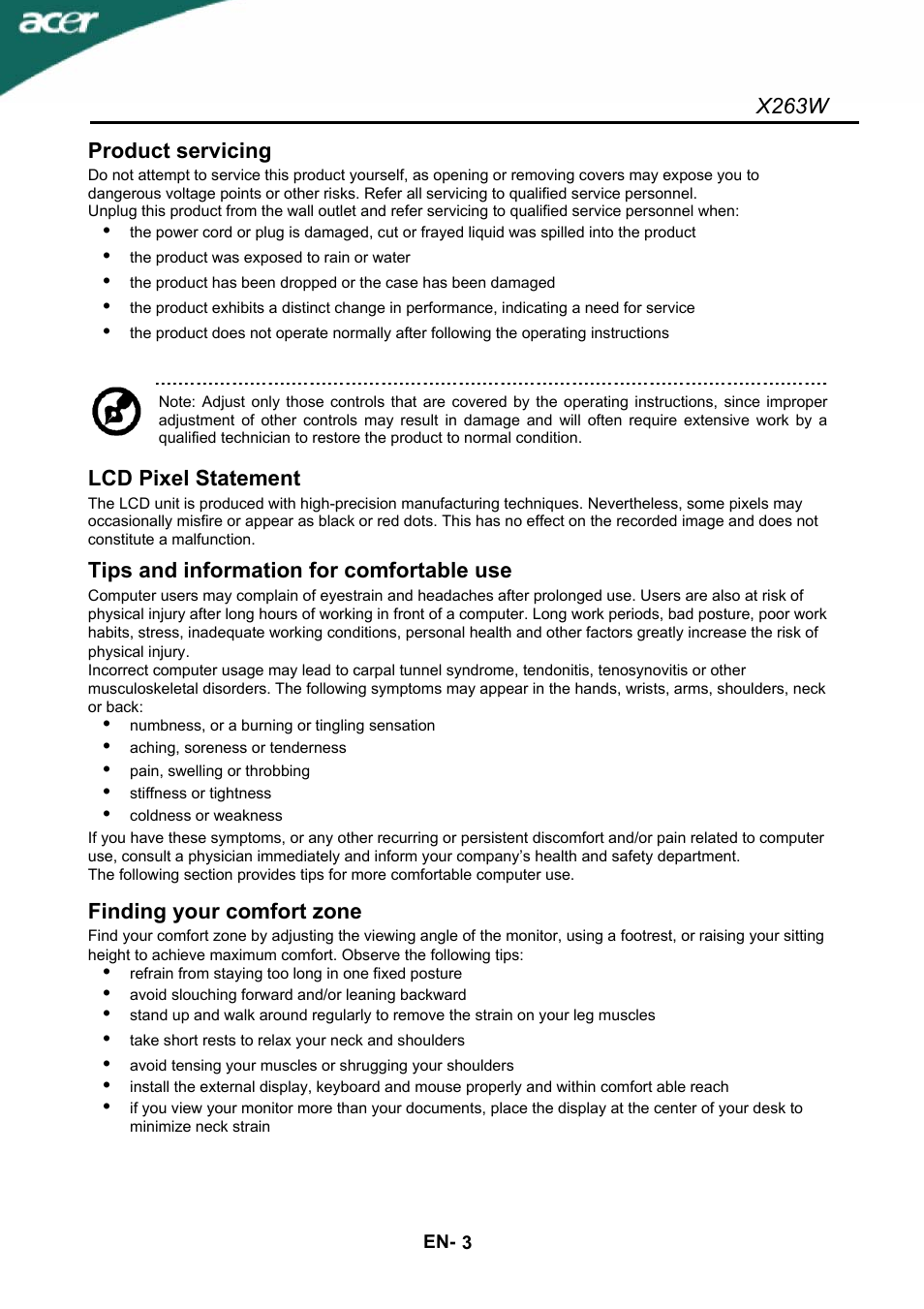 X263w, Product servicing, Lcd pixel statement | Tips and information for comfortable use, Finding your comfort zone | Acer X263W User Manual | Page 4 / 24