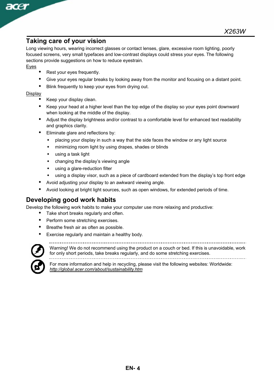 X263w, Taking care of your vision, Developing good work habits | Acer X263W User Manual | Page 5 / 24