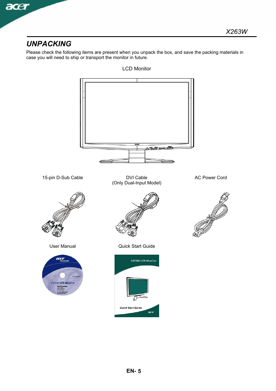 Unpacking, X263w | Acer X263W User Manual | Page 6 / 24