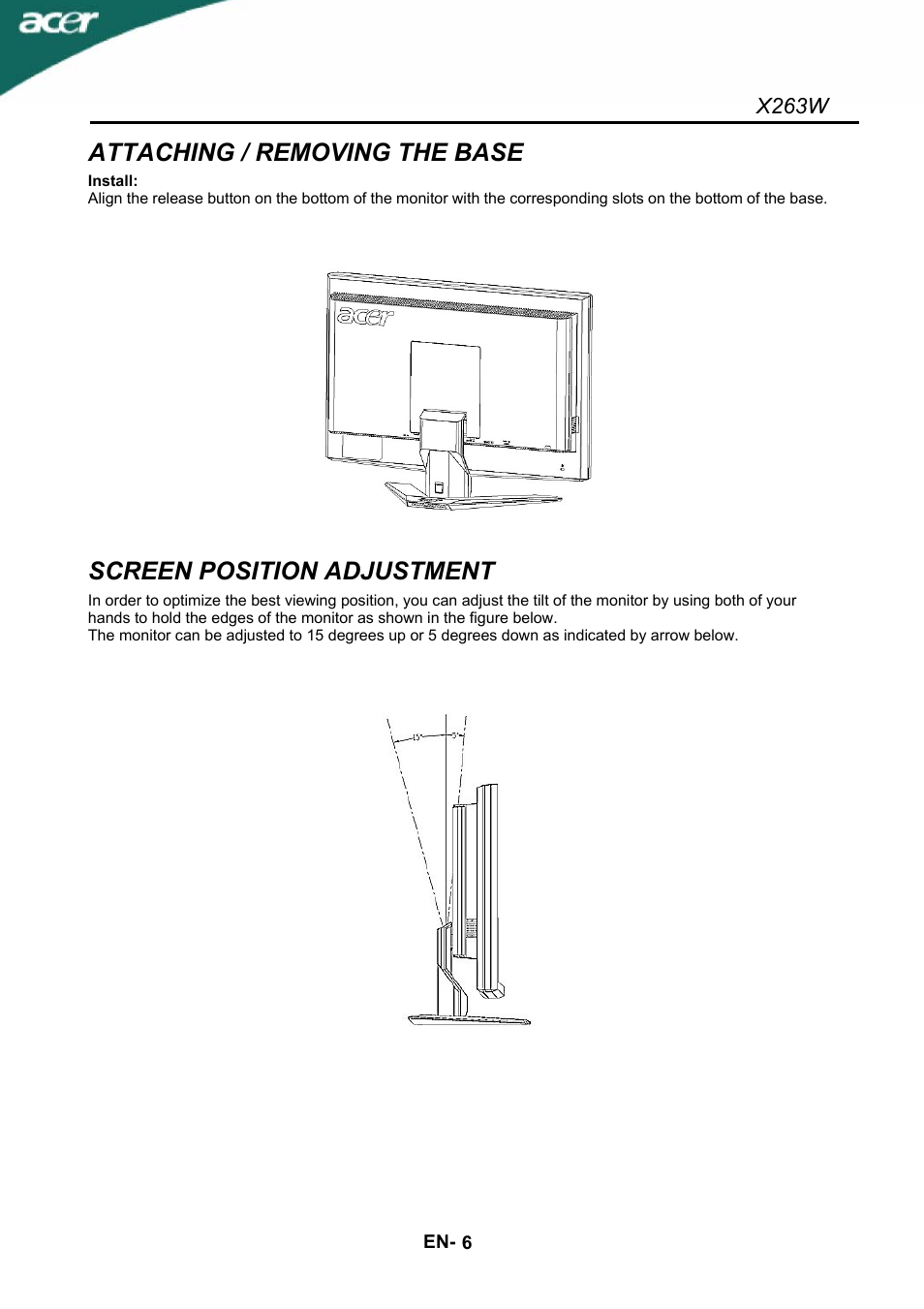 Attaching / removing the base, Screen position adjustment | Acer X263W User Manual | Page 7 / 24