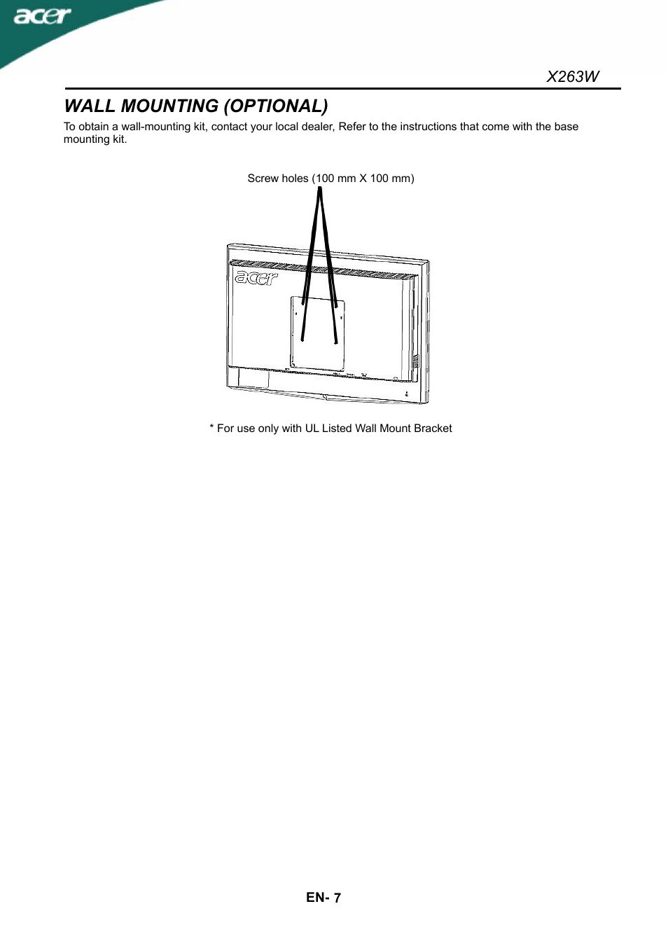 Wall mounting (optional), X263w | Acer X263W User Manual | Page 8 / 24