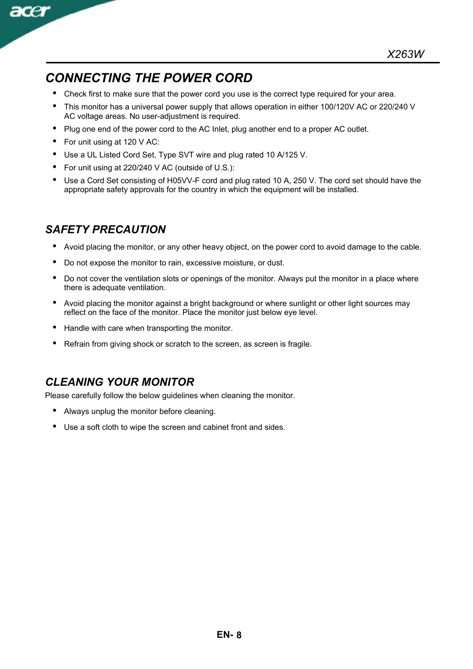 Connecting the power cord | Acer X263W User Manual | Page 9 / 24