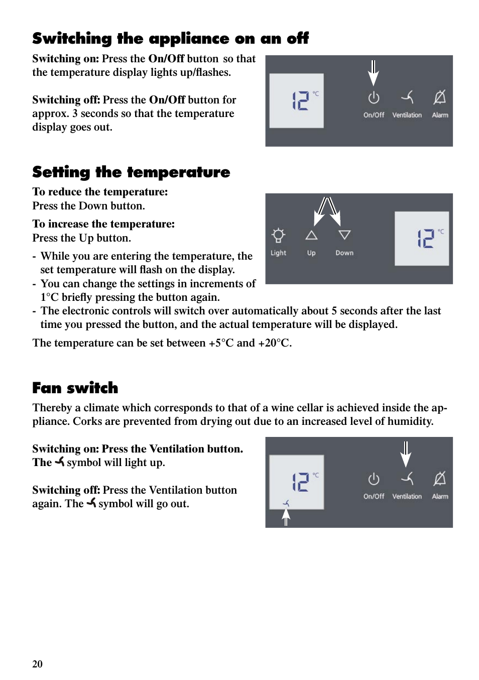 Switching the appliance on an off, Setting the temperature, Fan switch | Liebherr WKes 653 Grand Cru User Manual | Page 6 / 15