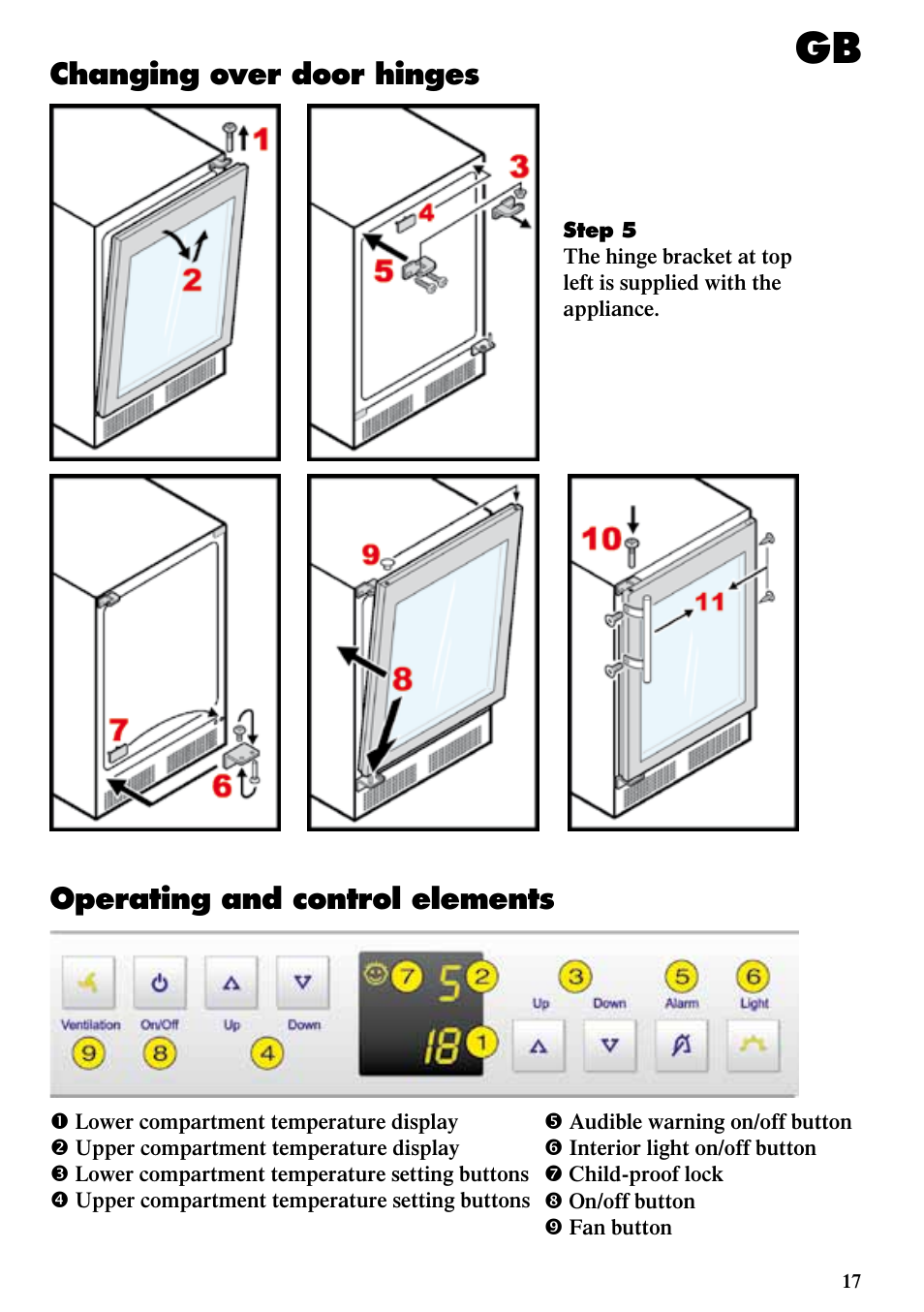 Operating and control elements, Changing over door hinges | Liebherr WTes 1753 Vinidor User Manual | Page 5 / 13