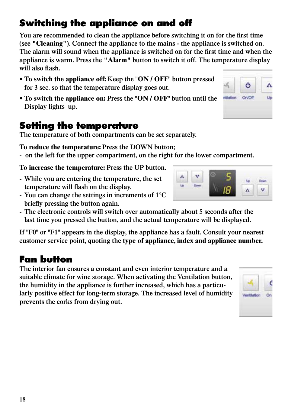 Switching the appliance on and off, Setting the temperature, Fan button | Liebherr WTes 1753 Vinidor User Manual | Page 6 / 13