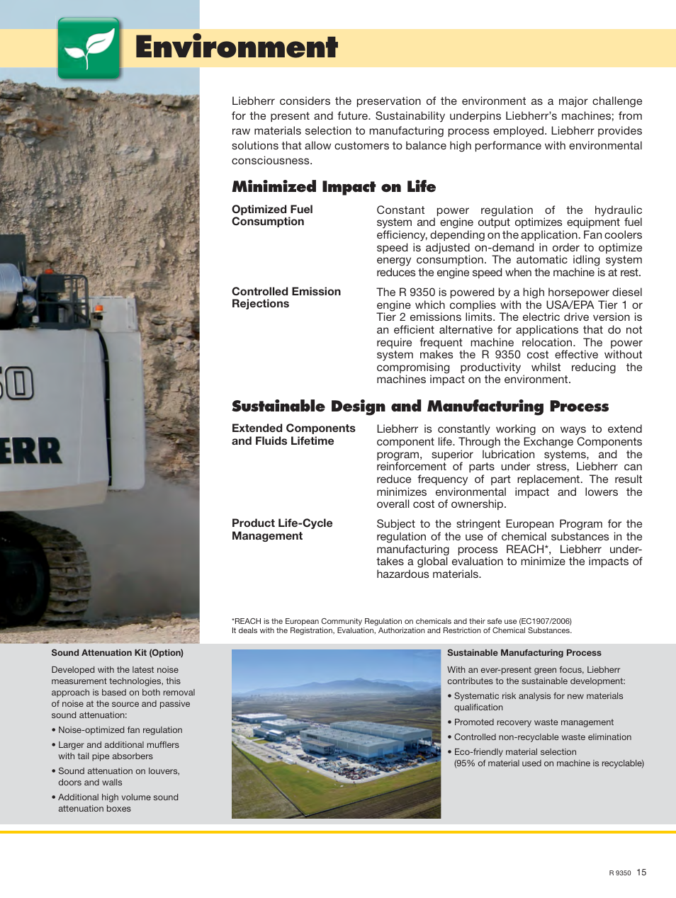 Environment, Minimized impact on life, Sustainable design and manufacturing process | Liebherr R 9350 User Manual | Page 15 / 22