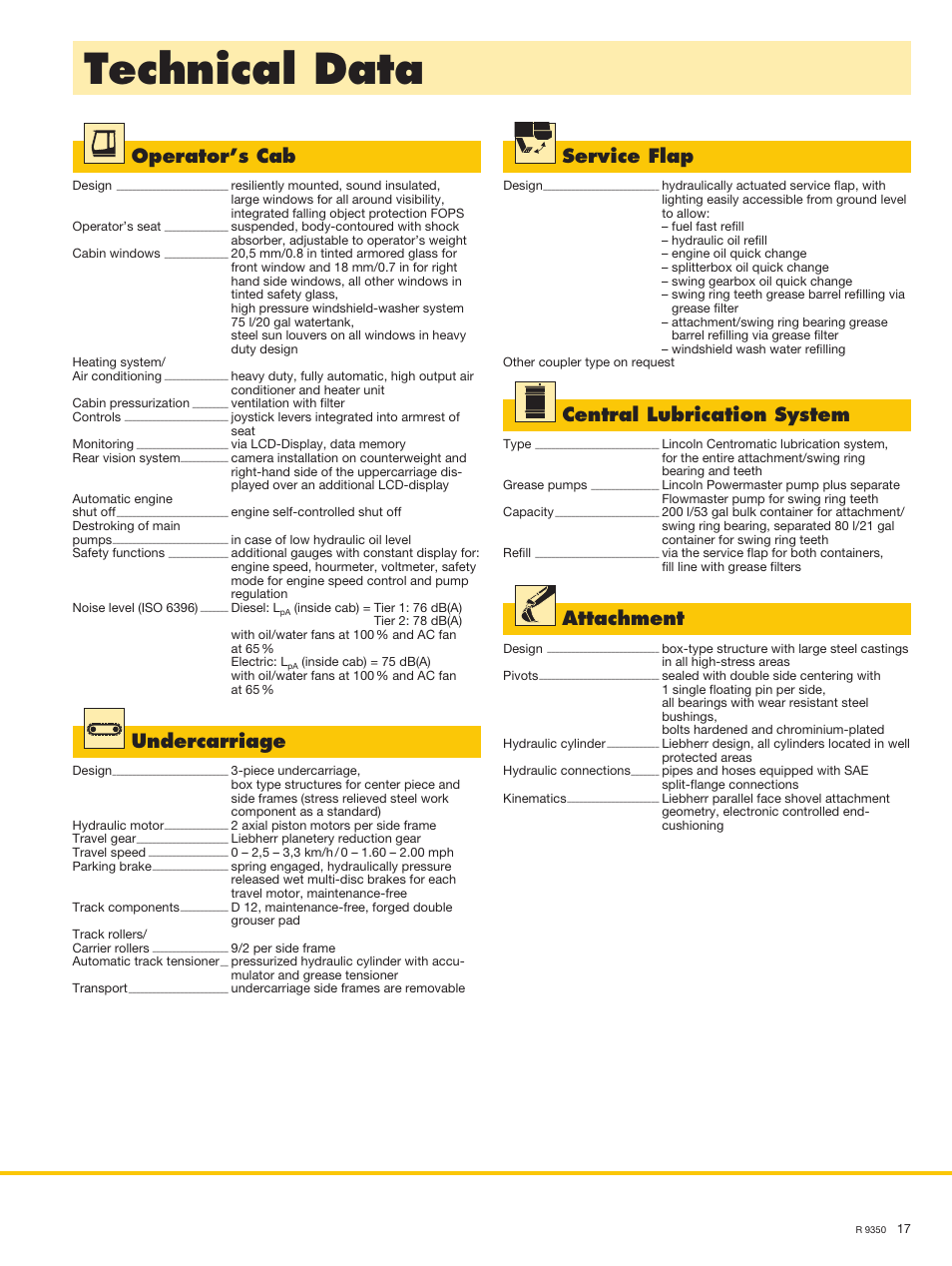 Technical data, Operator’s cab, Central lubrication system | Undercarriage, Attachment, Service flap | Liebherr R 9350 User Manual | Page 17 / 22
