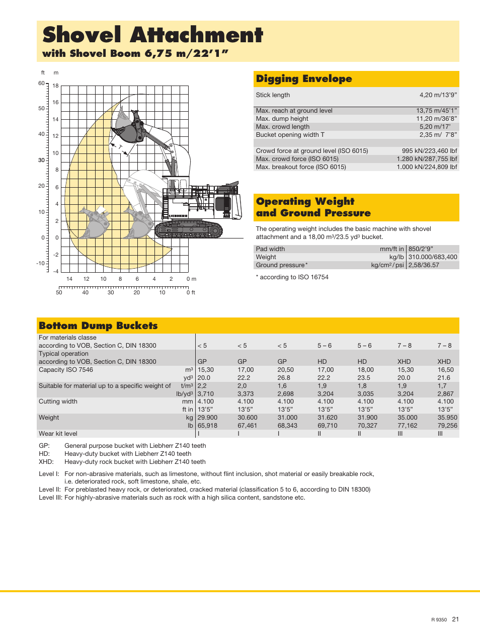 Shovel attachment, Operating weight and ground pressure, Bottom dump buckets | Liebherr R 9350 User Manual | Page 21 / 22