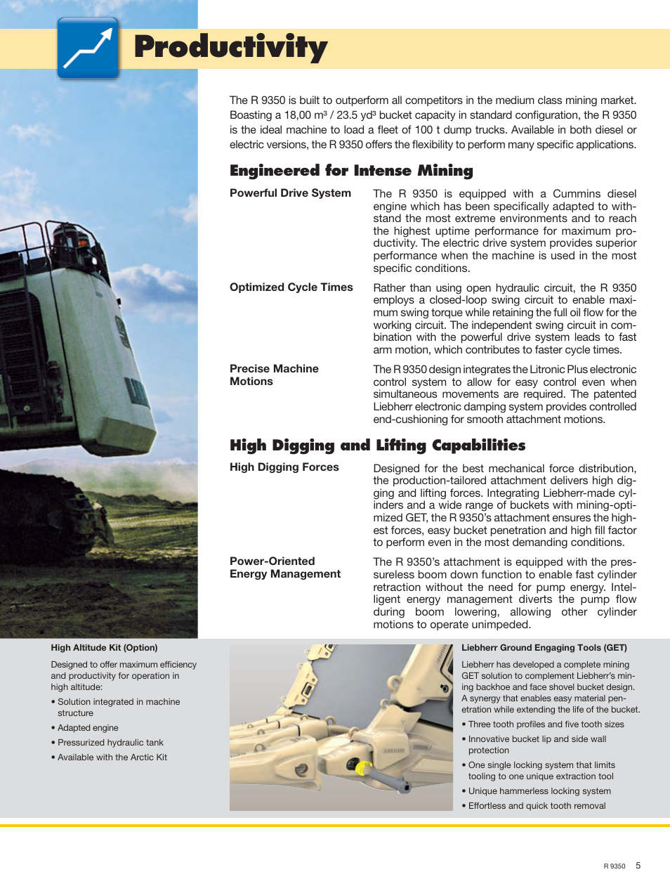 Productivity, Engineered for intense mining, High digging and lifting capabilities | Liebherr R 9350 User Manual | Page 5 / 22