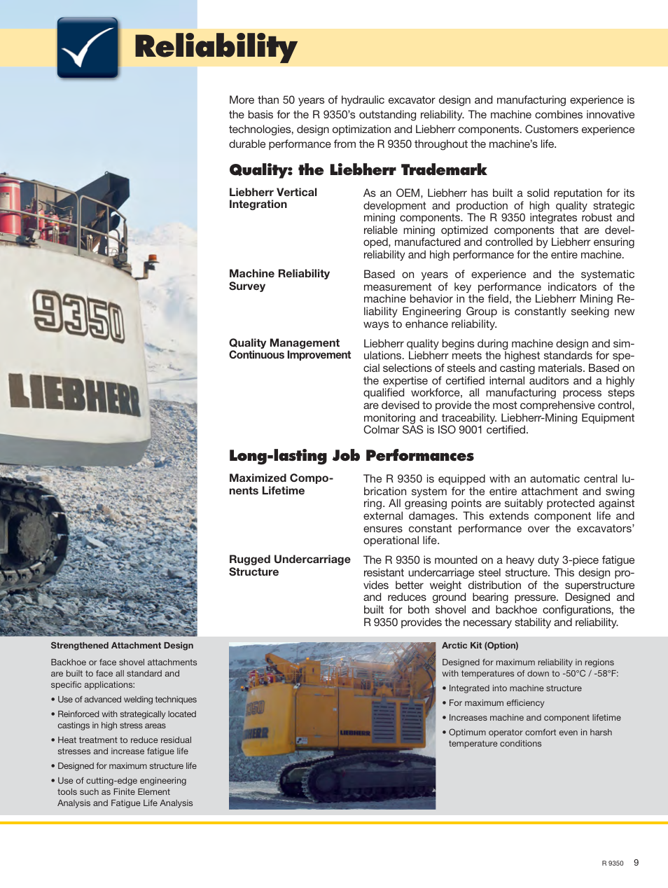 Reliability, Quality: the liebherr trademark, Long-lasting job performances | Liebherr R 9350 User Manual | Page 9 / 22