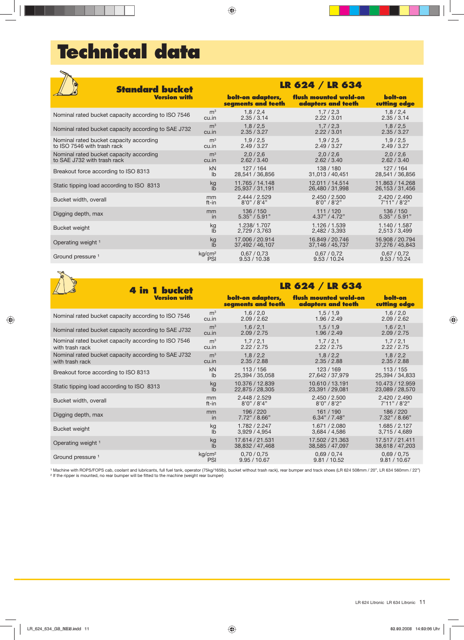 Technical data, Standard bucket, 4 in 1 bucket | Liebherr LR 624 Litronic User Manual | Page 11 / 12