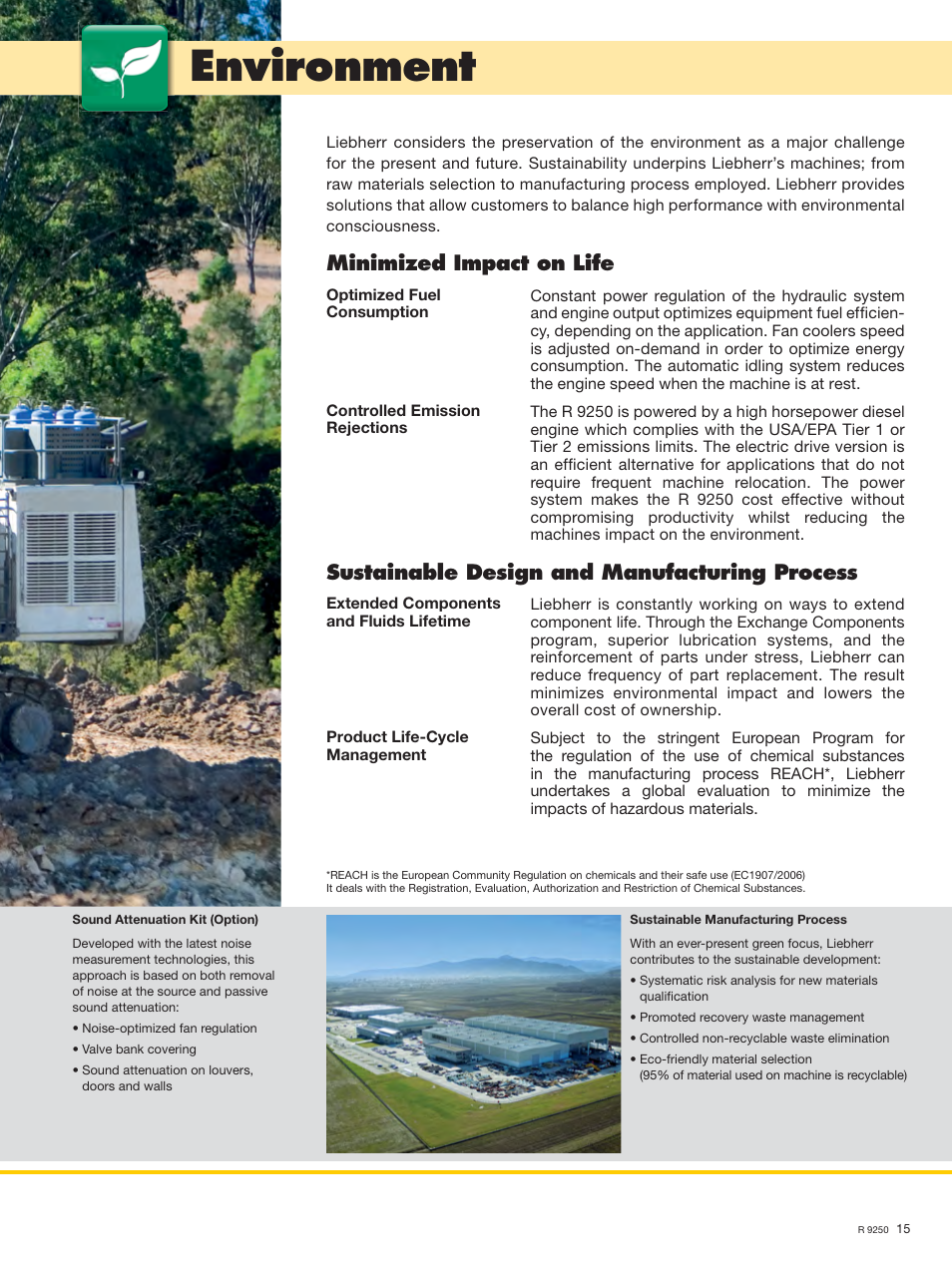 Environment, Minimized impact on life, Sustainable design and manufacturing process | Liebherr R 9250 User Manual | Page 15 / 22