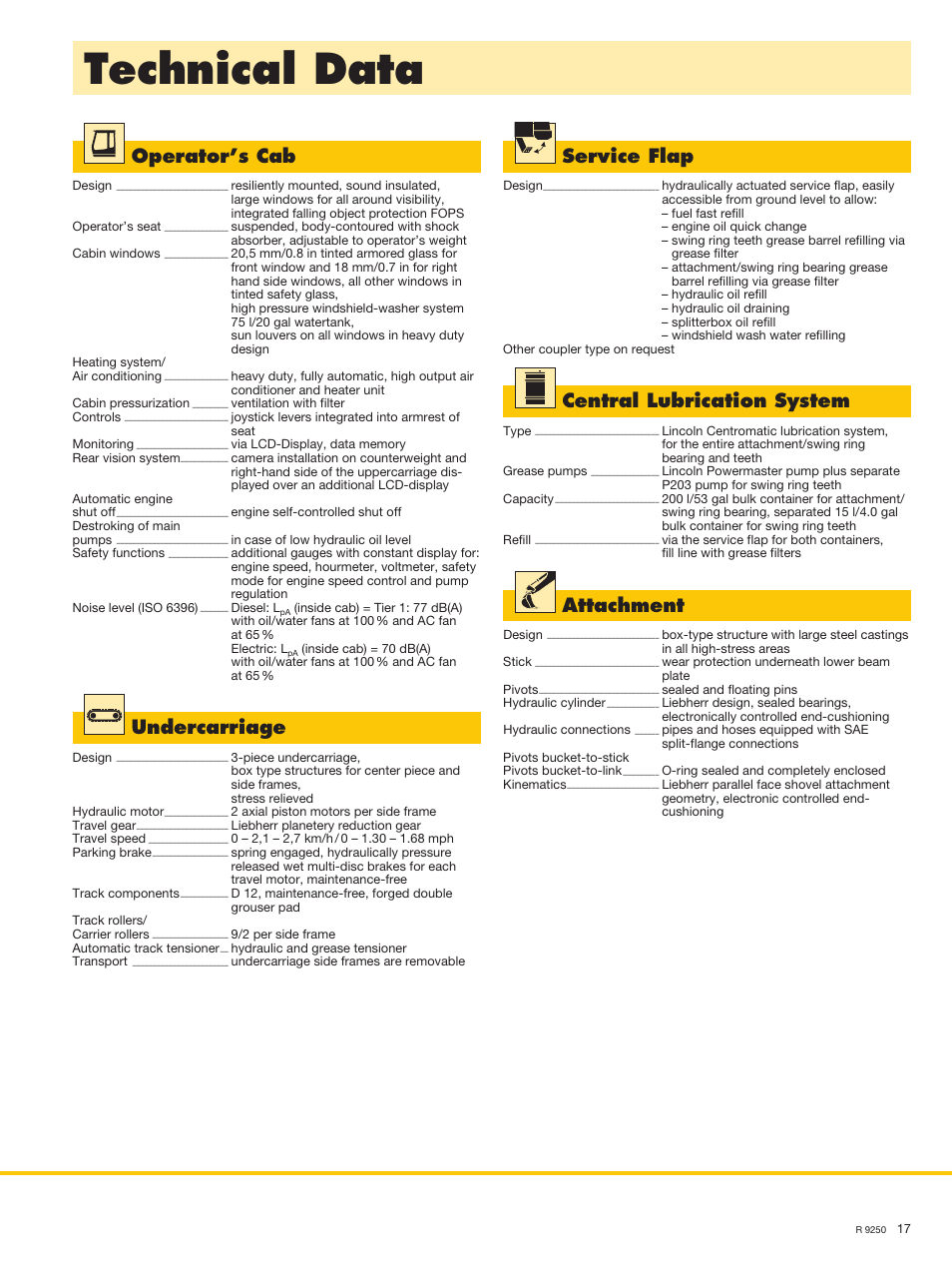 Technical data, Operator’s cab, Central lubrication system | Undercarriage, Attachment, Service flap | Liebherr R 9250 User Manual | Page 17 / 22