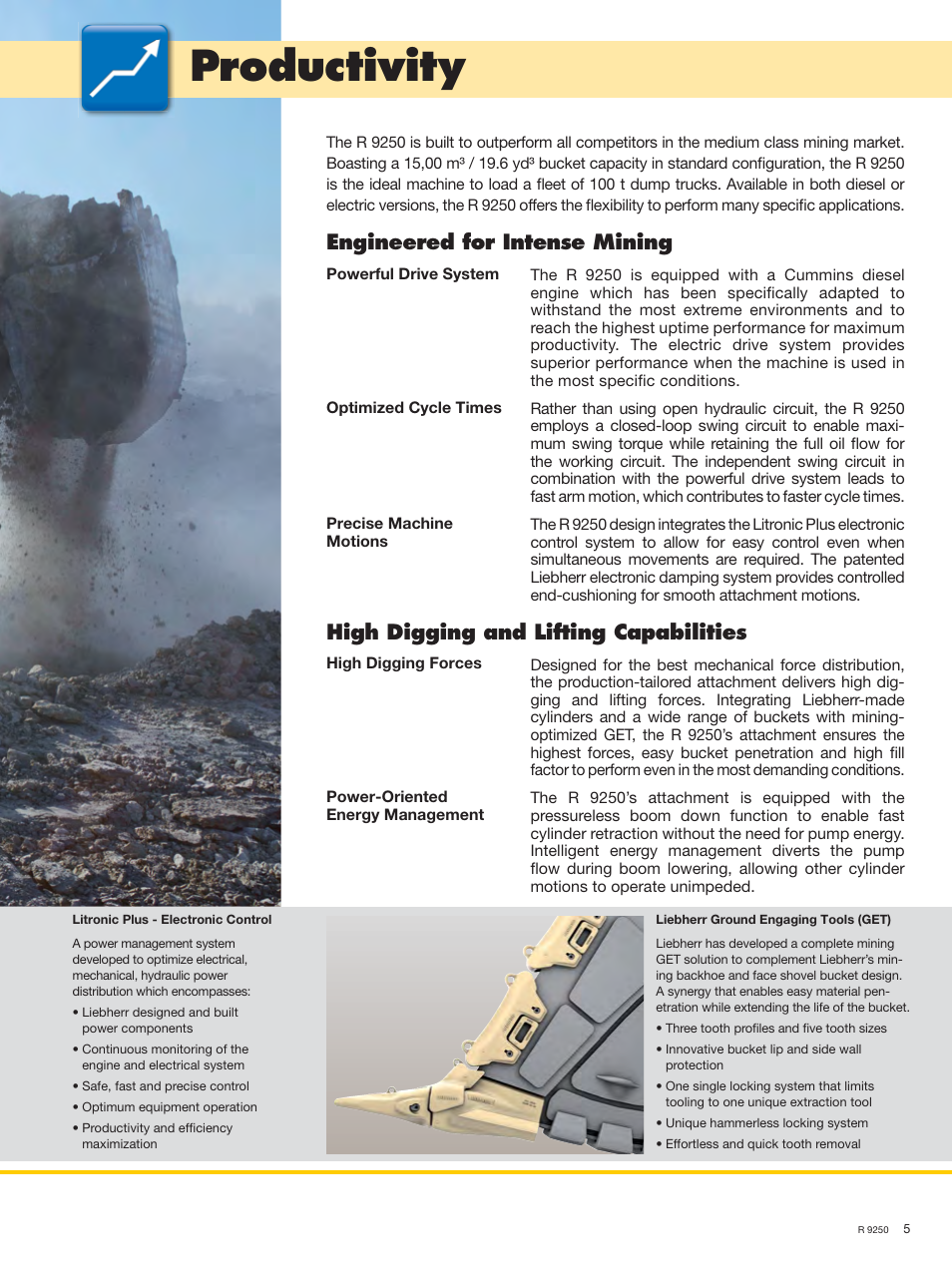 Productivity, Engineered for intense mining, High digging and lifting capabilities | Liebherr R 9250 User Manual | Page 5 / 22