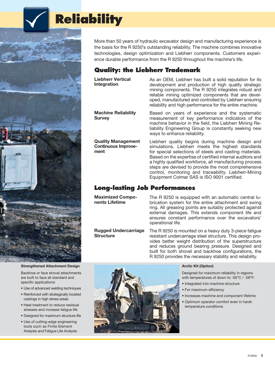 Reliability, Quality: the liebherr trademark, Long-lasting job performances | Liebherr R 9250 User Manual | Page 9 / 22