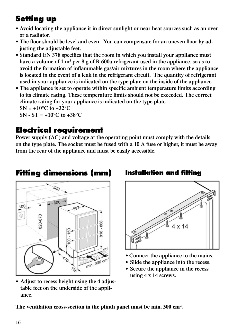 Setting up, Electrical requirement, Fitting dimensions (mm) | Installation and ﬁtting | Liebherr WTUes 1653 Vinidor User Manual | Page 4 / 13