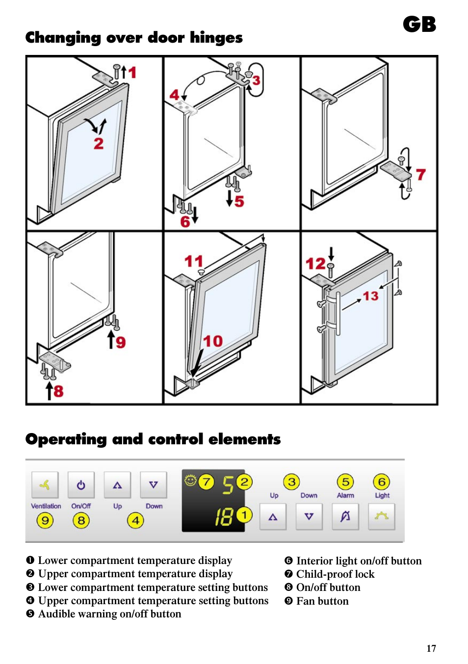 Operating and control elements, Changing over door hinges | Liebherr WTUes 1653 Vinidor User Manual | Page 5 / 13