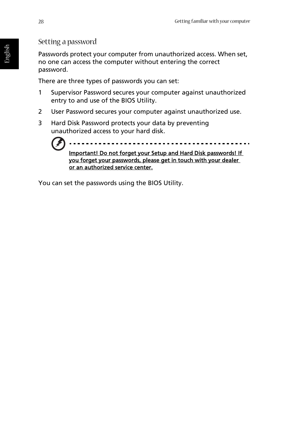 Setting a password | Acer 1360 User Manual | Page 38 / 104