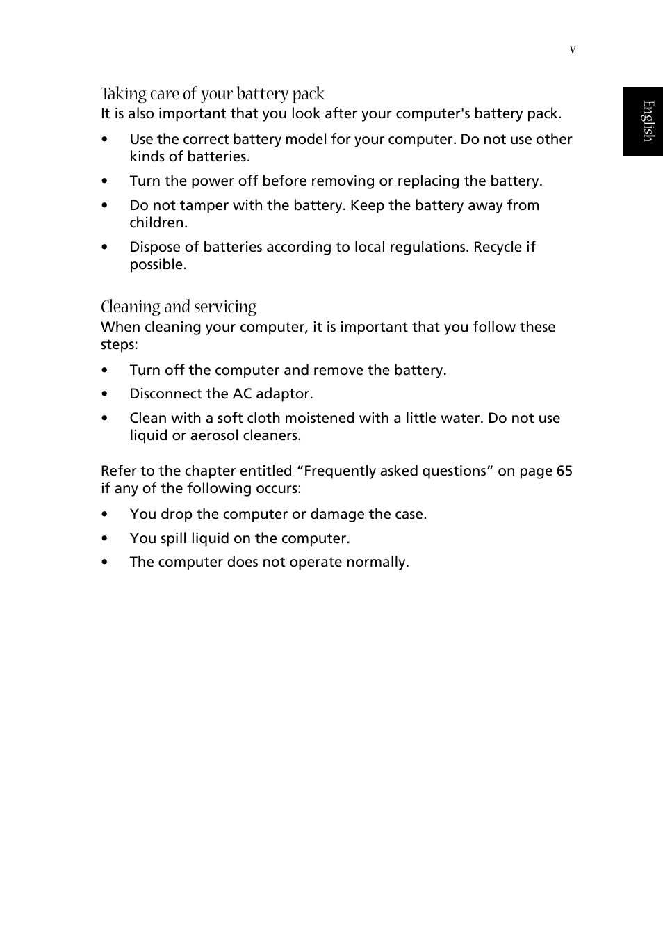 Taking care of your battery pack, Cleaning and servicing | Acer 1360 User Manual | Page 5 / 104