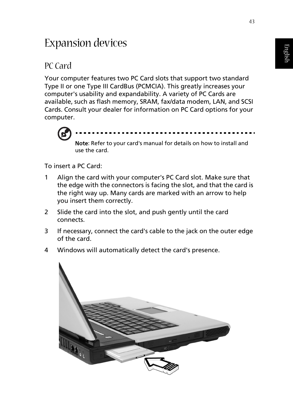 Expansion devices, Pc card | Acer 1360 User Manual | Page 53 / 104