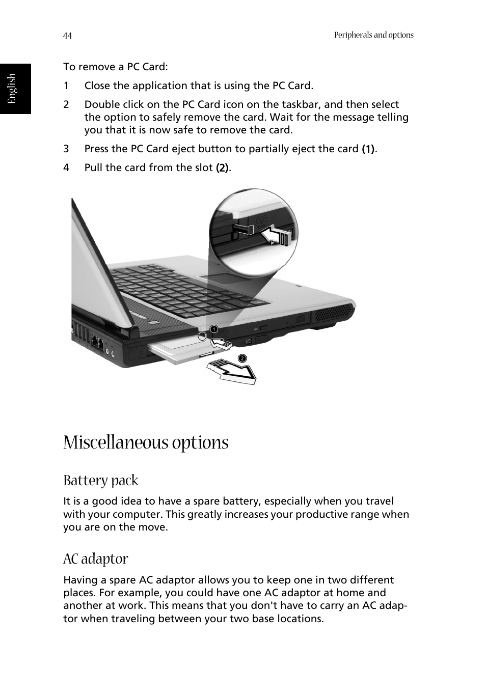 Miscellaneous options, Battery pack, Ac adaptor | Ac adapter | Acer 1360 User Manual | Page 54 / 104