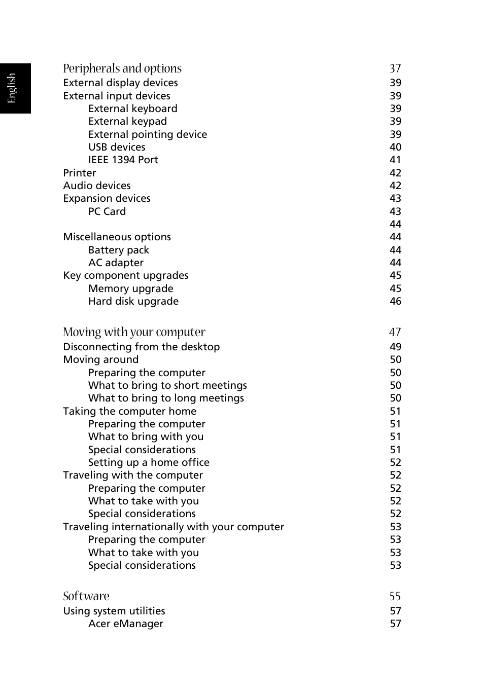 Peripherals and options 37, Moving with your computer 47, Software 55 | Acer 1360 User Manual | Page 8 / 104