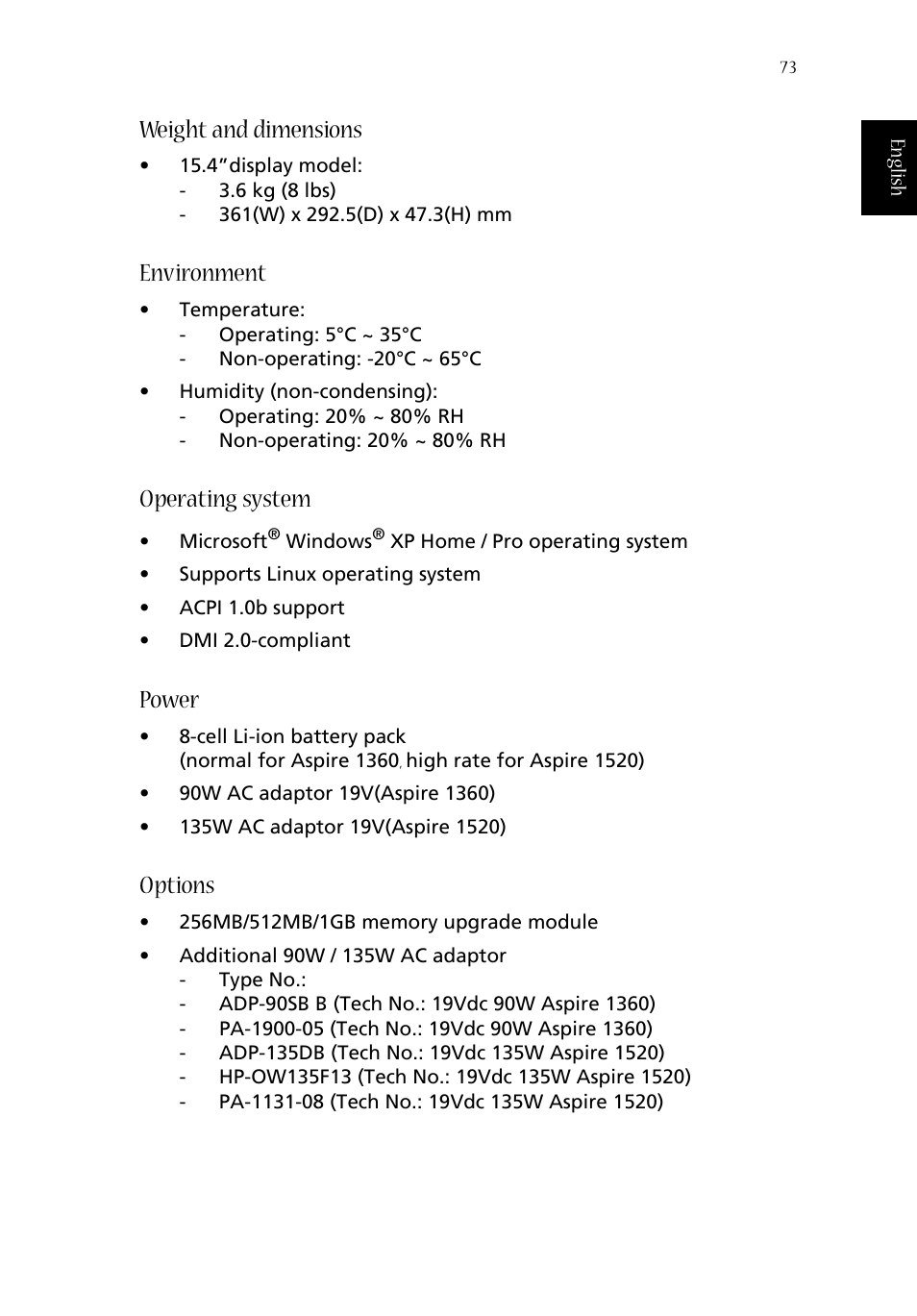 Weight and dimensions, Environment, Operating system | Power, Options | Acer 1360 User Manual | Page 83 / 104