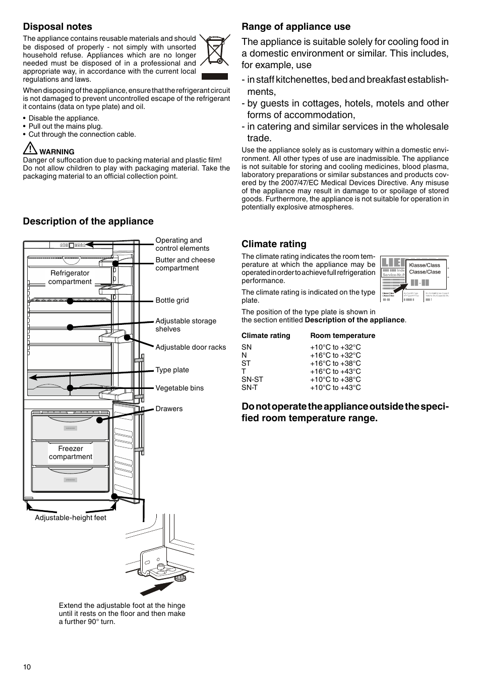 Description of the appliance, Climate rating | Liebherr CN 5113 Comfort NoFrost User Manual | Page 2 / 9