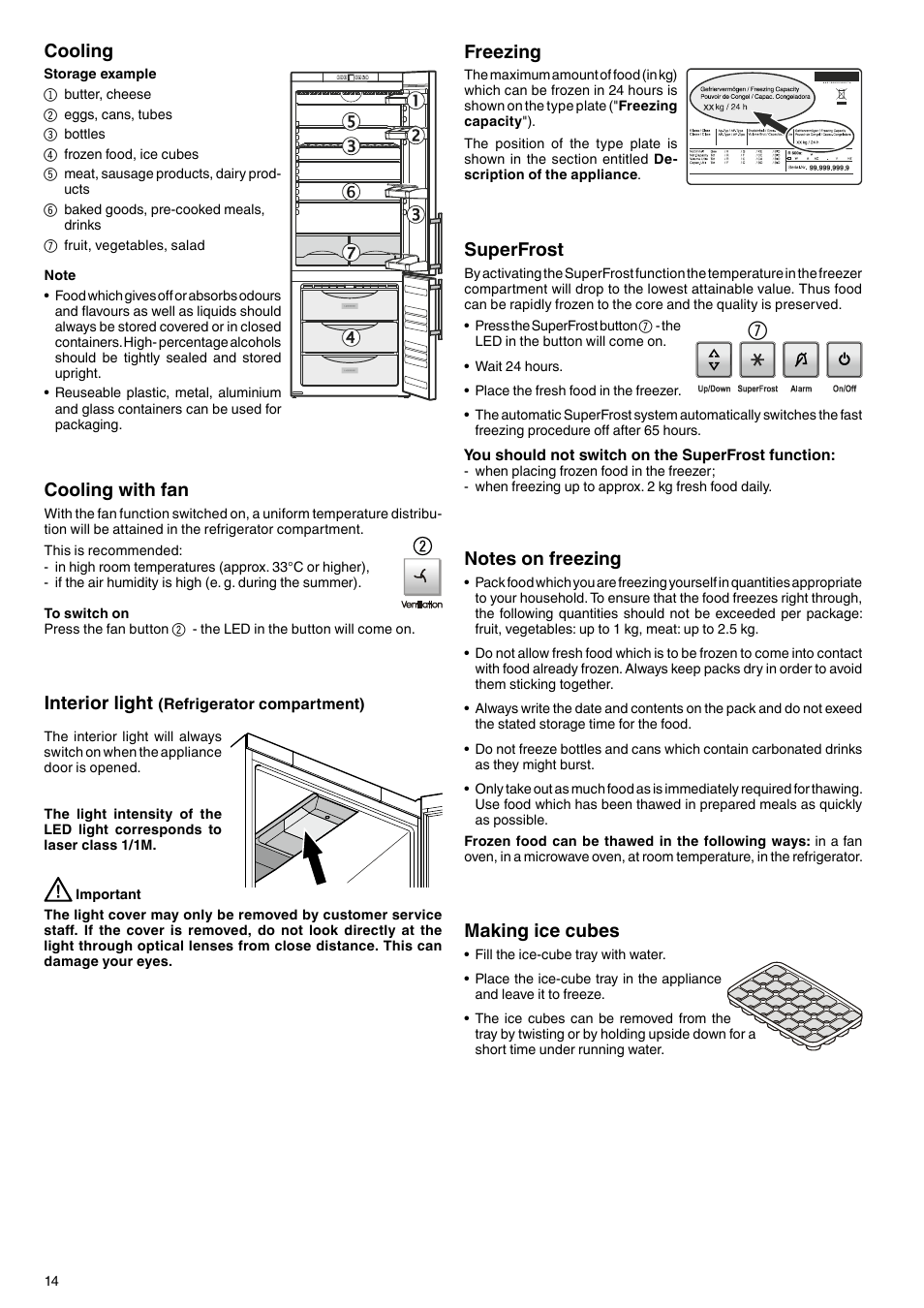 Freezing, Superfrost, Making ice cubes | Cooling, Cooling with fan, Interior light | Liebherr CN 5113 Comfort NoFrost User Manual | Page 6 / 9