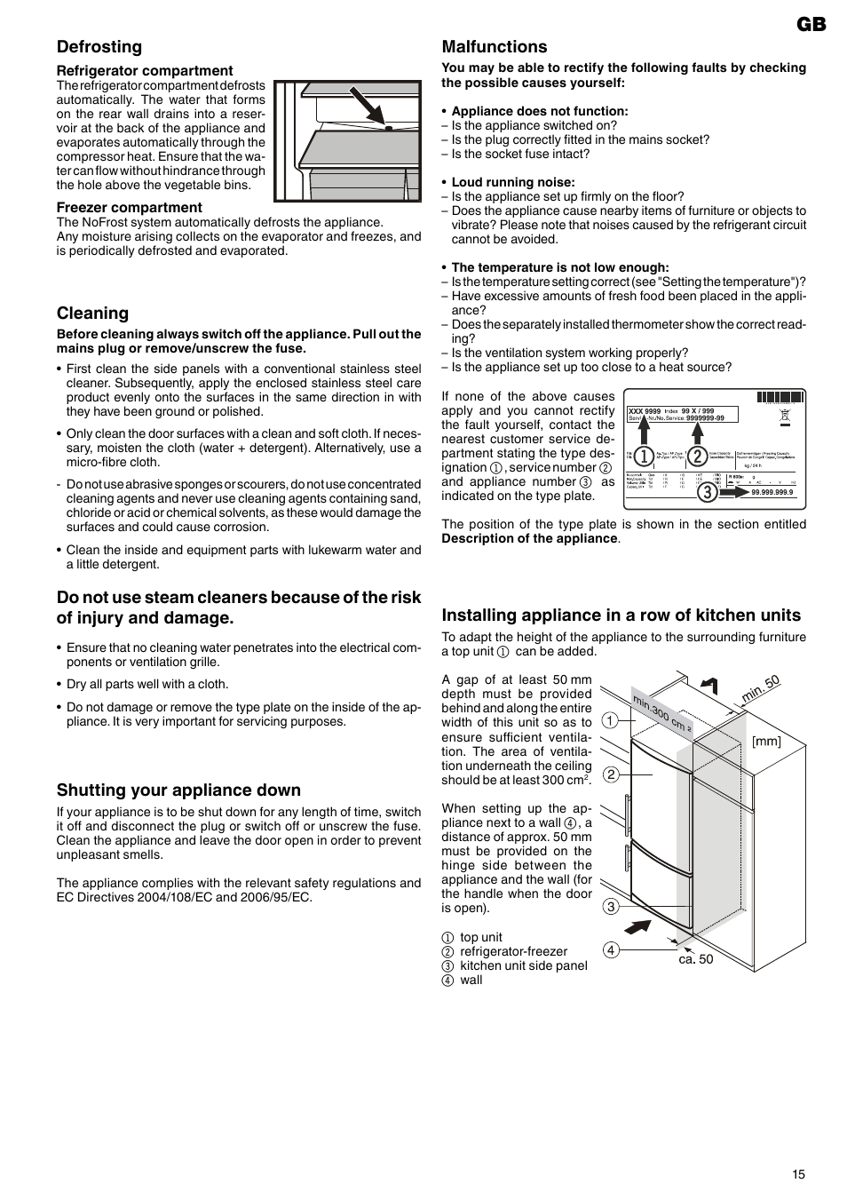 Defrosting, Malfunctions, Installing appliance in a row of kitchen units | Shutting your appliance down, Cleaning | Liebherr CN 5113 Comfort NoFrost User Manual | Page 7 / 9