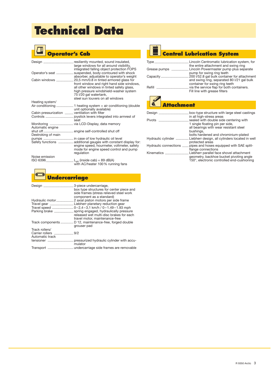 Technical data, Operator’s cab, Undercarriage | Attachment, Central lubrication system | Liebherr R 9350 User Manual | Page 3 / 12