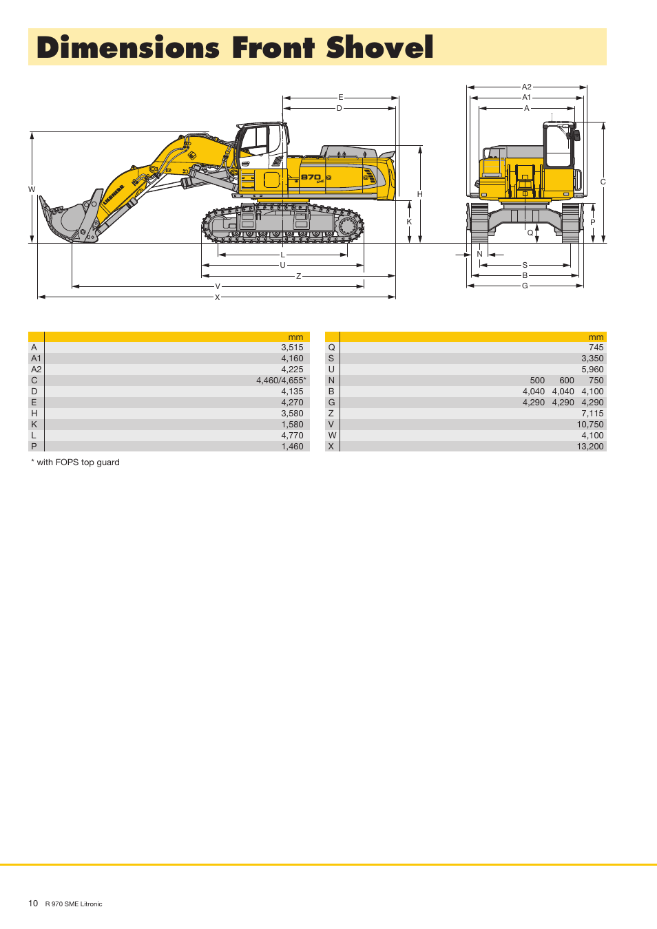 Dimensions front shovel | Liebherr R 970 SME User Manual | Page 10 / 16