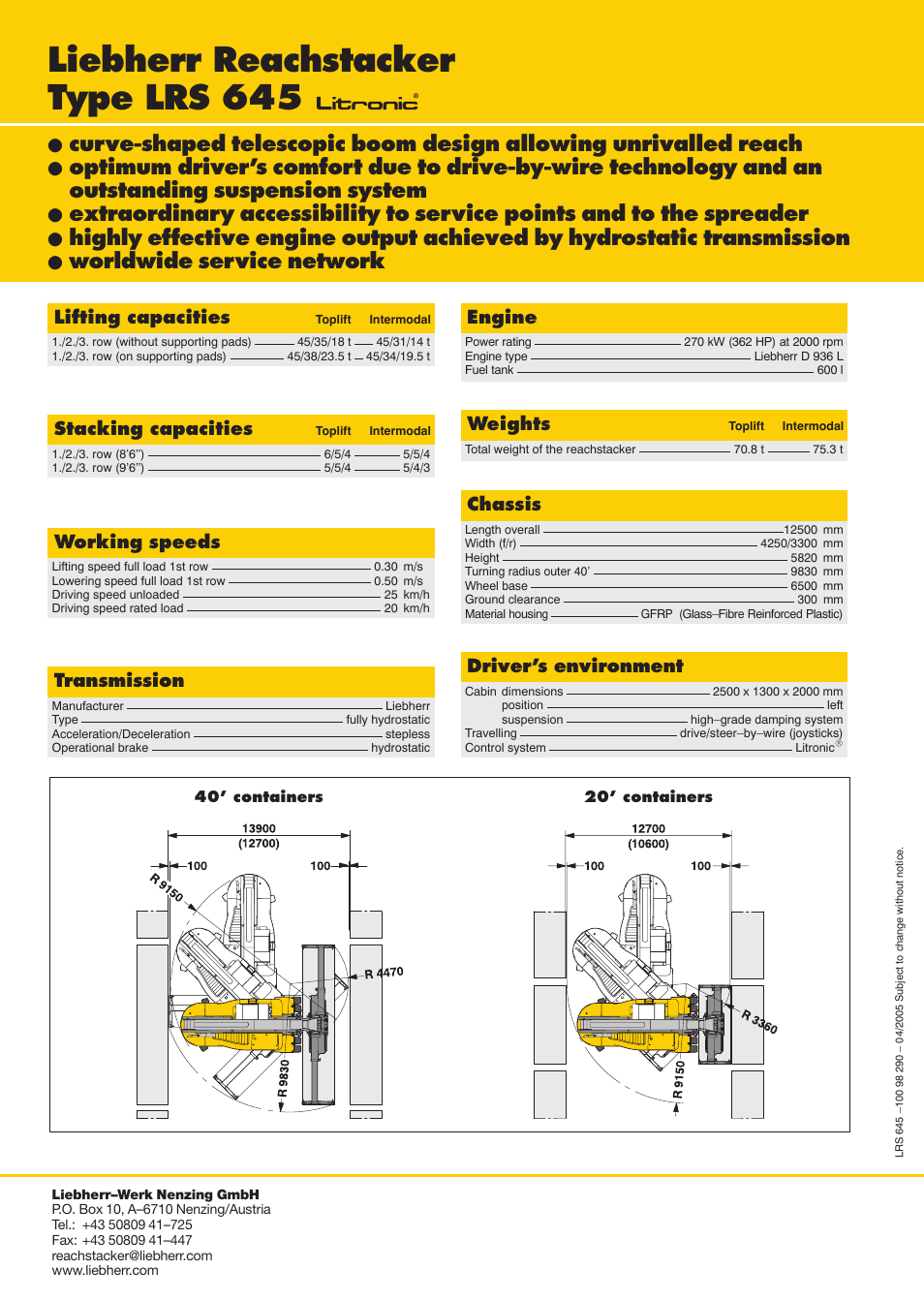 Liebherr reachstacker type lrs 645, Worldwide service network, Engine | Chassis, Weights, Working speeds, Lifting capacities, Stacking capacities, Transmission, Driver's environment | Liebherr LRS 645 User Manual | Page 4 / 4