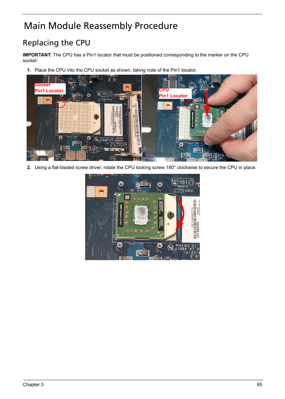 Main module reassembly procedure, Replacing the cpu | Acer 5241 User Manual | Page 105 / 202