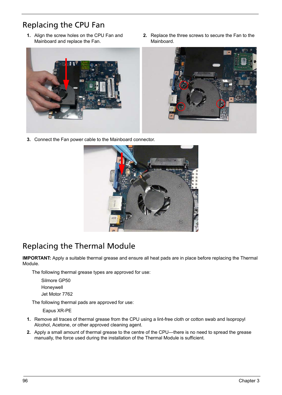 Replacing the cpu fan, Replacing the thermal module, Replacing the cpu fan replacing the thermal module | Acer 5241 User Manual | Page 106 / 202