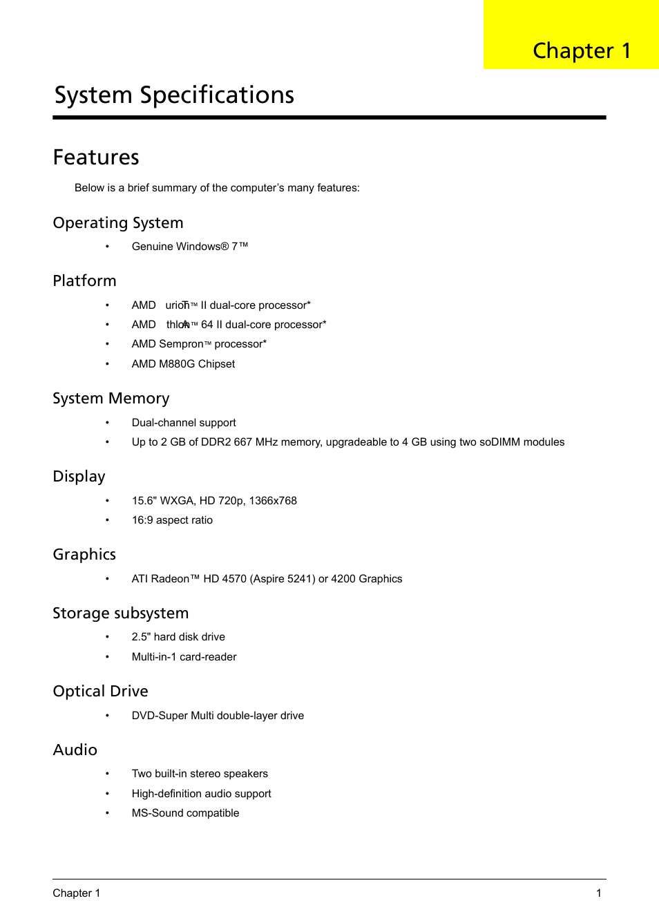 System specifications, Features, Chapter 1 | Operating system, Platform, Display, Graphics, Storage subsystem, Optical drive, Audio | Acer 5241 User Manual | Page 11 / 202