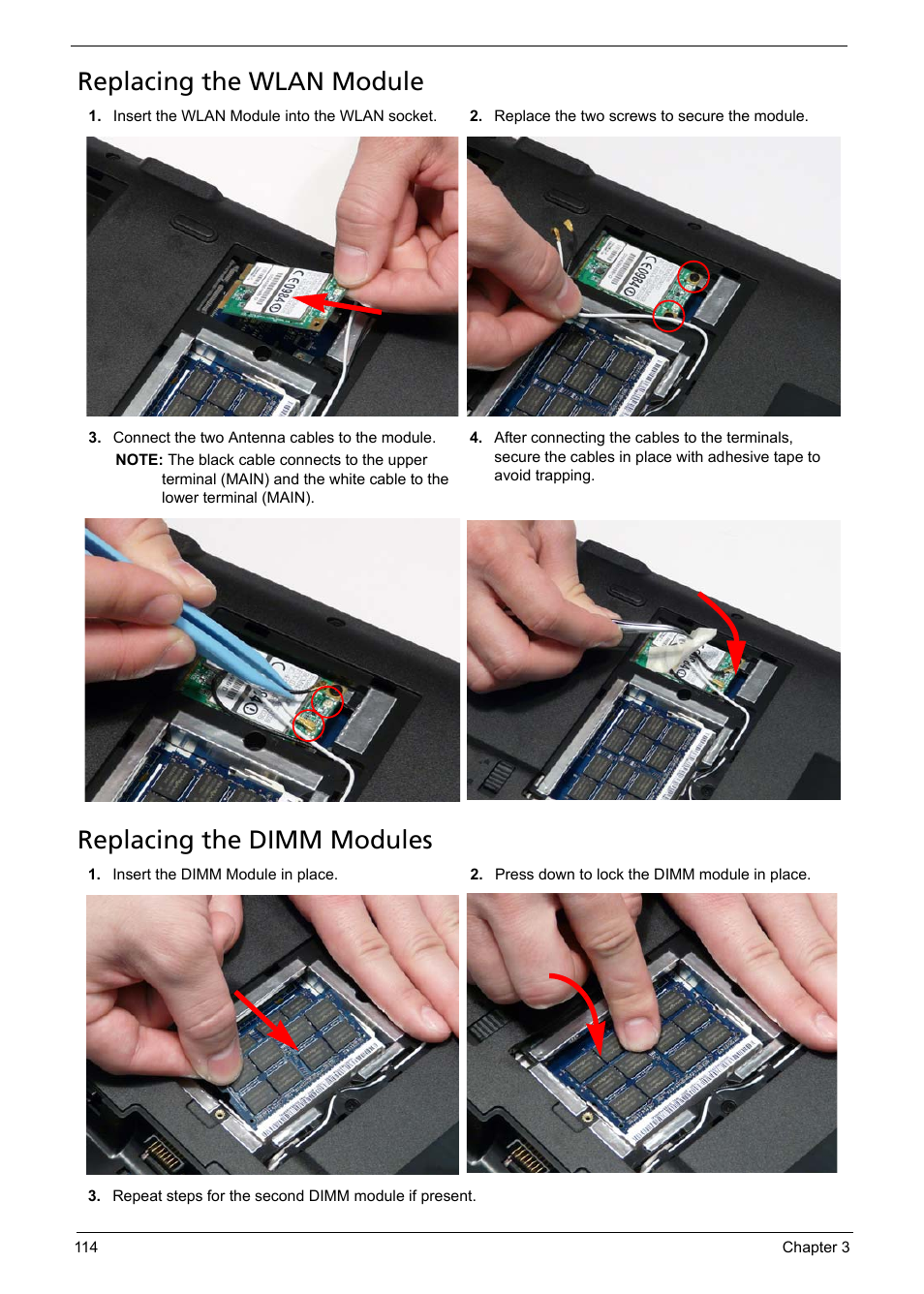 Replacing the wlan module, Replacing the dimm modules | Acer 5241 User Manual | Page 124 / 202