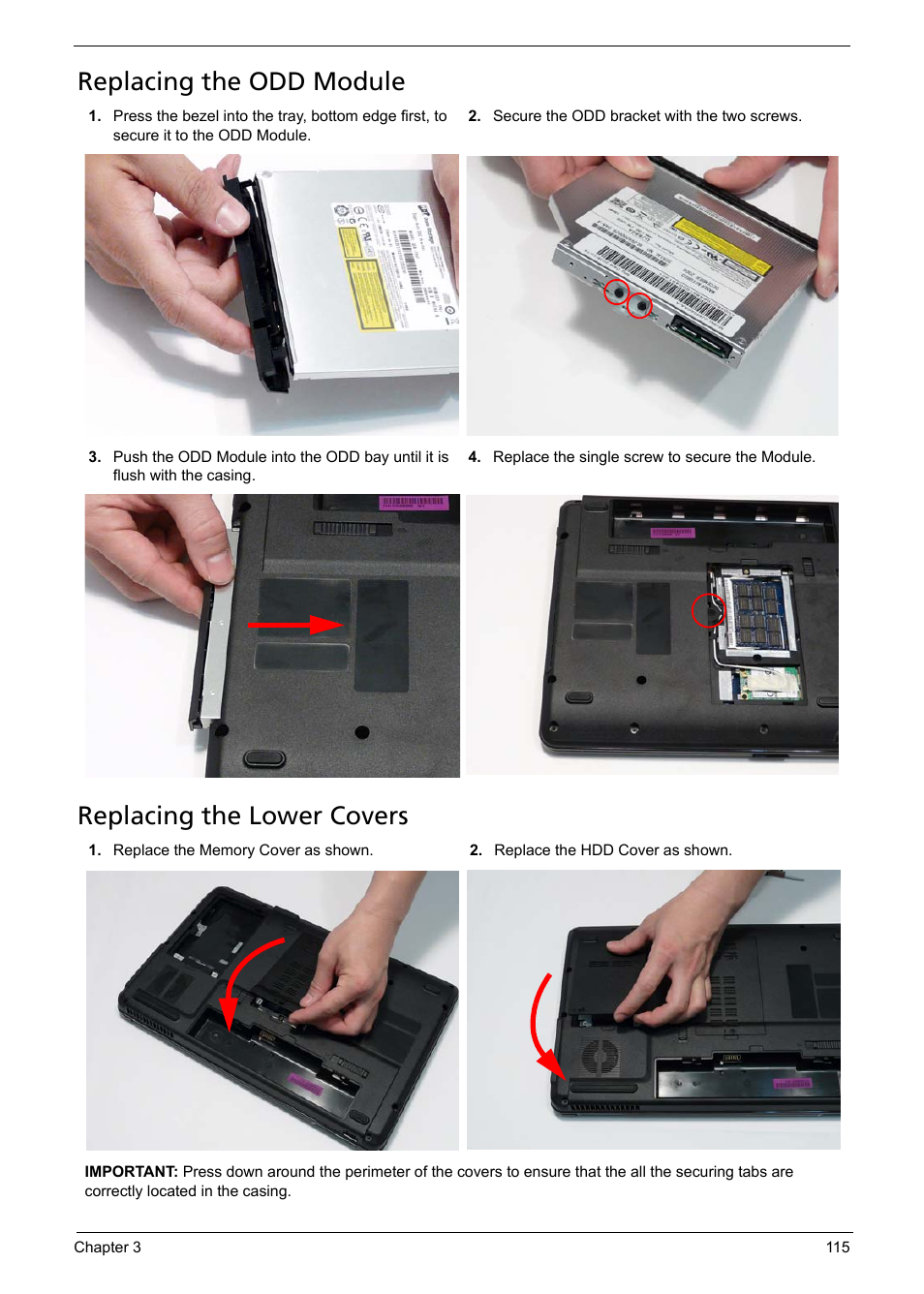 Replacing the odd module, Replacing the lower covers | Acer 5241 User Manual | Page 125 / 202