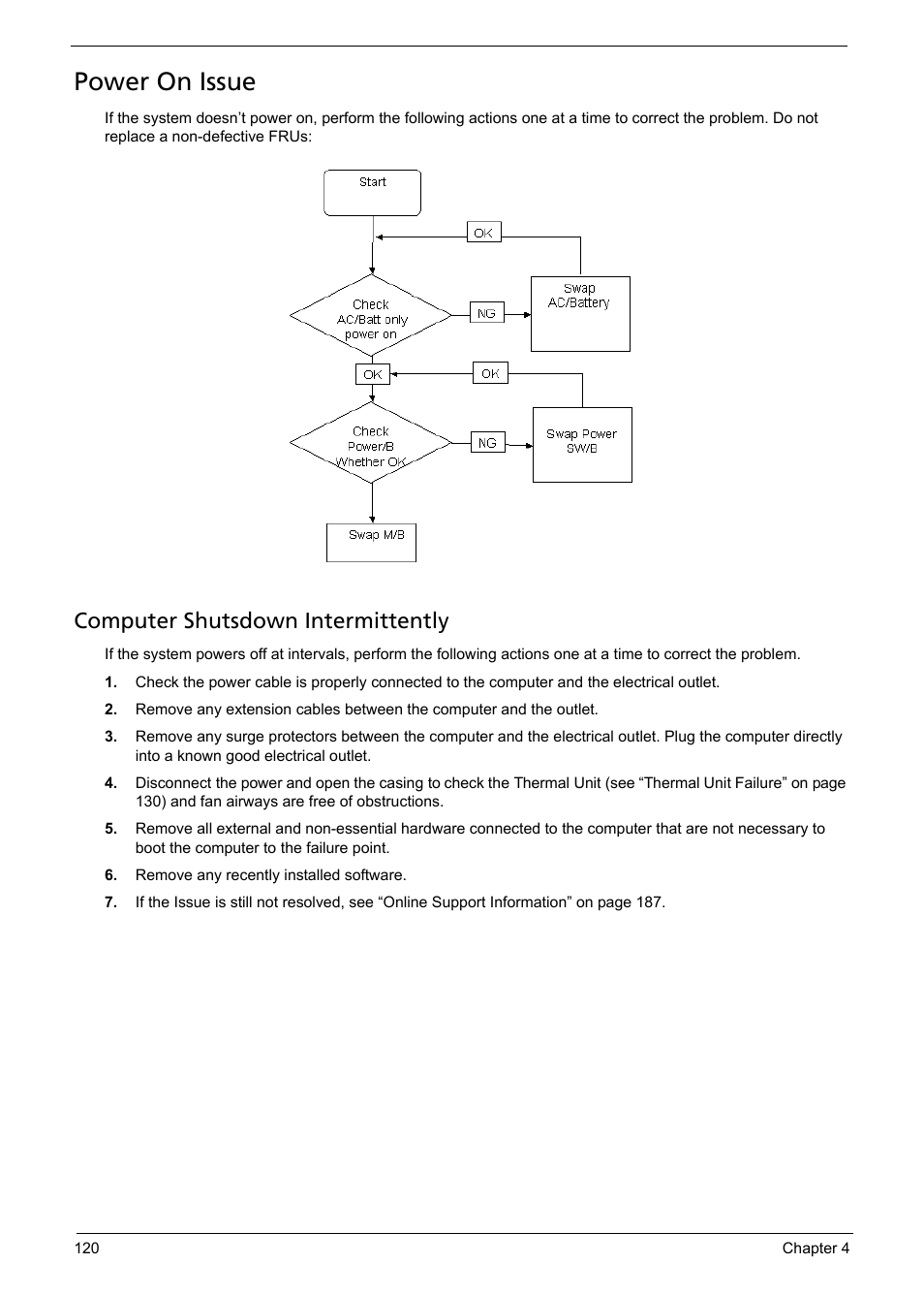 Power on issue, E 120, Computer shutsdown intermittently | Acer 5241 User Manual | Page 130 / 202